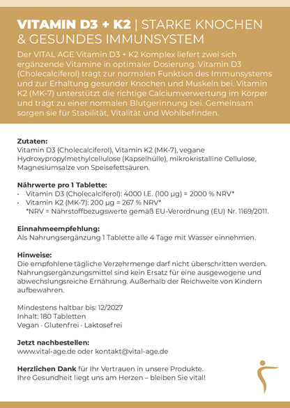 Vitamin D3/K2 | 4000 I.E. | 180 Tabletten